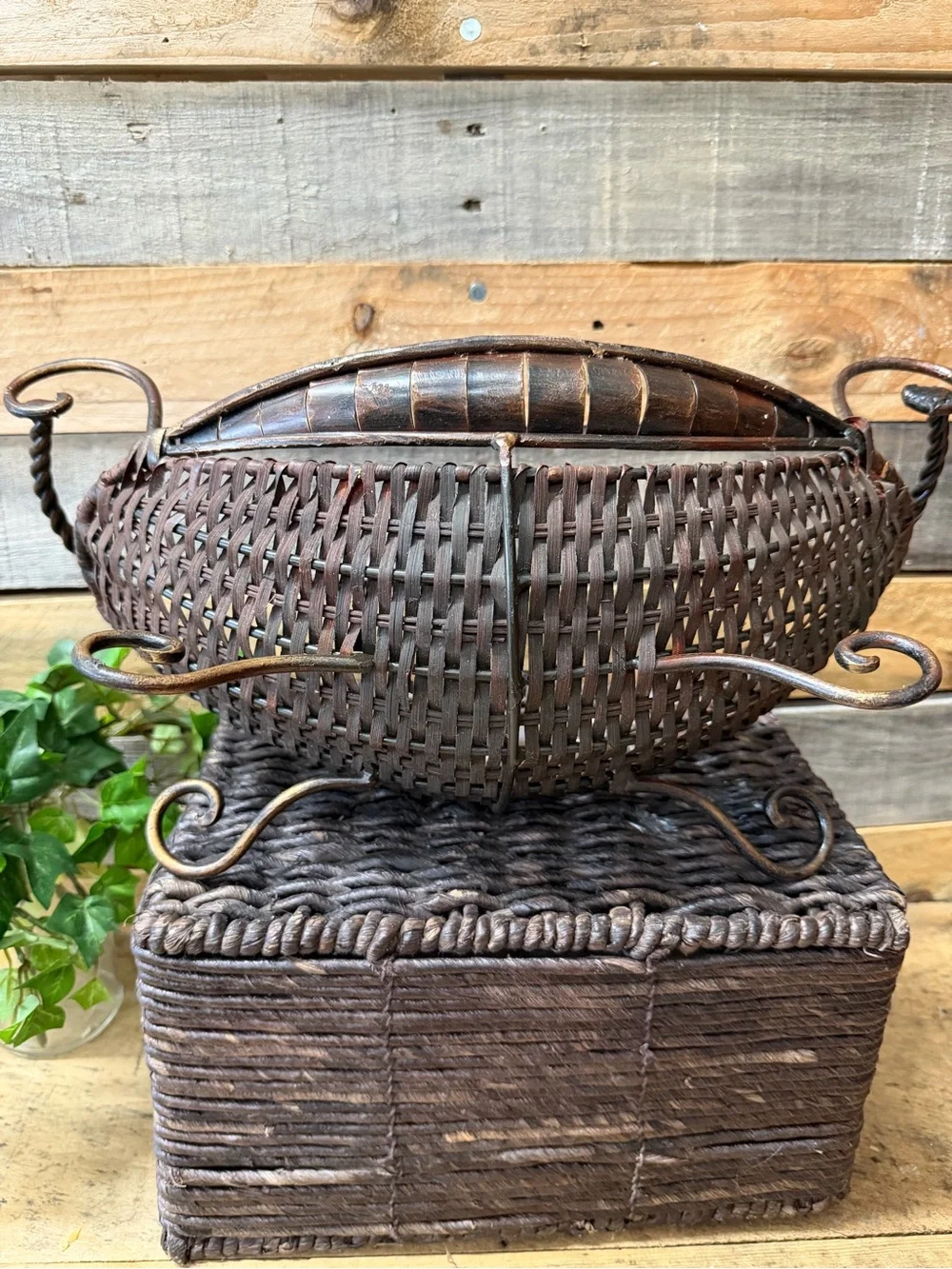 Oval  Wrought Iron and  Woven Dark Brown Decorative Fruit Basket with Handles